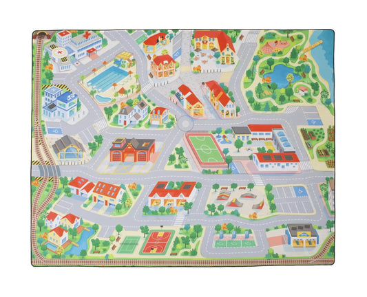 The Community by Habitat Mat is a town play mat that showcases an intricate design of a small town, complete with roads, buildings, a school, parking lots, and parks. This vibrant scene features houses, a river, lush greenery outlined by a railroad track—all crafted to inspire imaginative play for children.