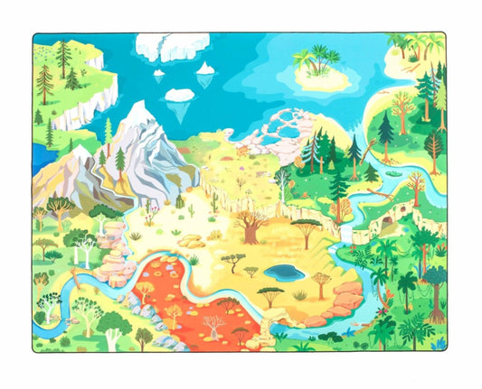 The Explorer" Wildlife Play Mat by Habitat Mat showcases diverse landscapes like mountains, forests, deserts, rivers, and a small island in a vibrant cartoonish style. It's ideal for young adventurers to explore different natural habitats.