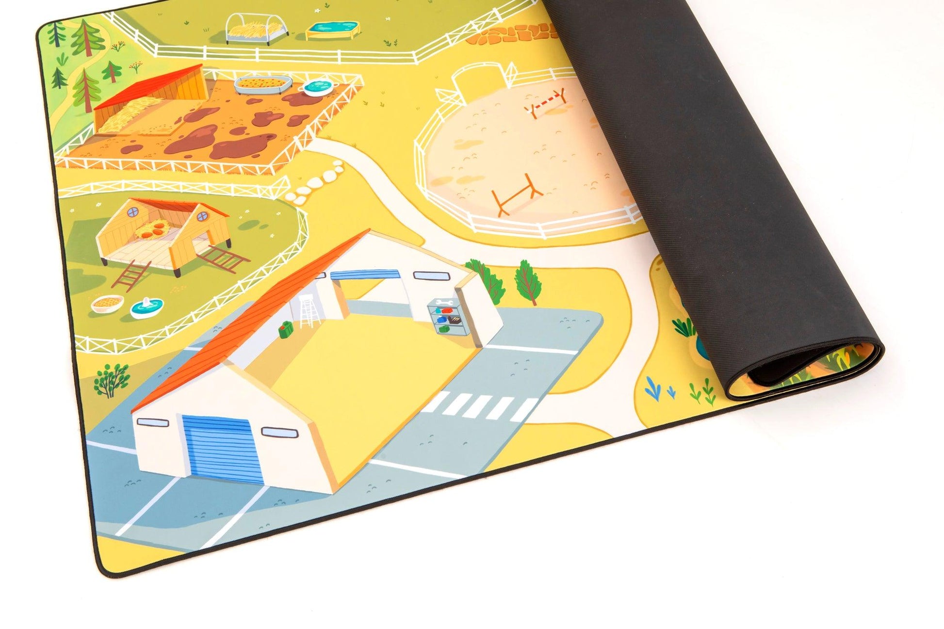 The "The Farmer" Farmyard Play Mat by Habitat Mat features a colorful farm landscape complete with barns, animal zones, trees, and fields. Made from flexible neoprene, its partially visible edges highlight its robust design.